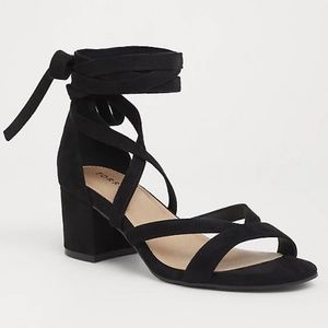 BLACK FAUX SUEDE WRAP SANDAL (WIDE WIDTH)